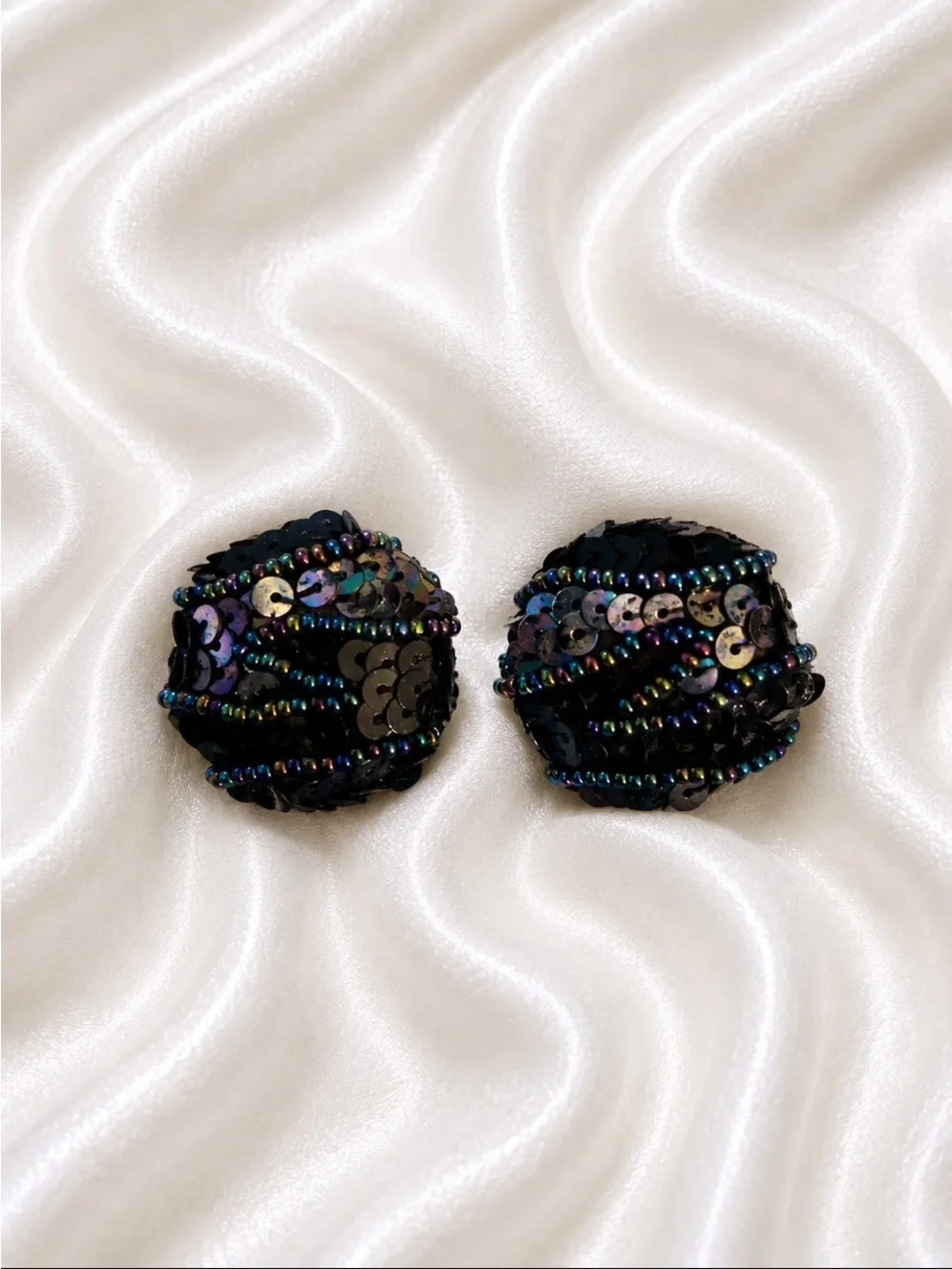 Black Sequin Beaded Round Clip-On Earrings